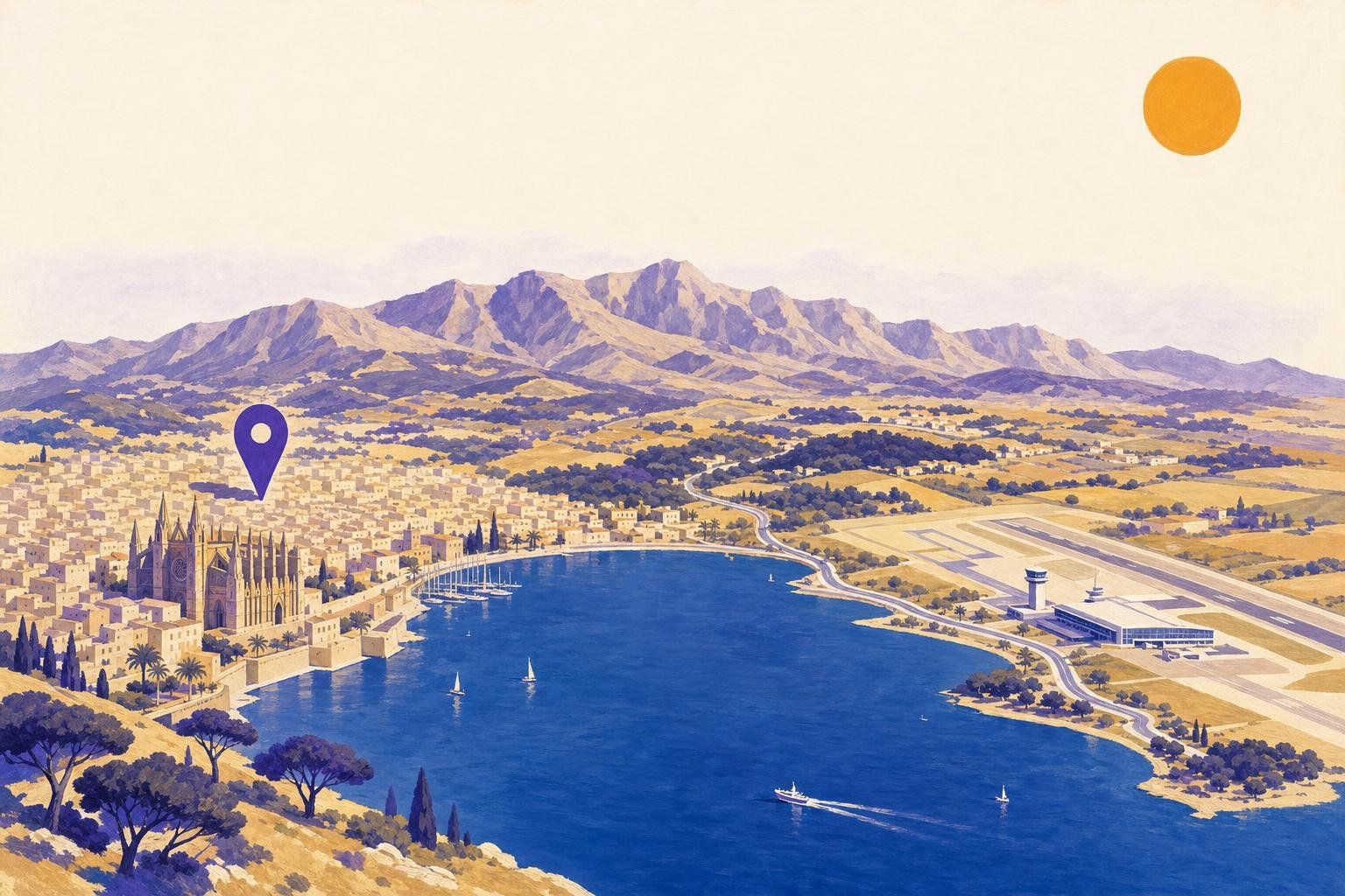 Painted map of the bay of Palma with the airport, the cathedral and a pin on the 89transfers office in the city